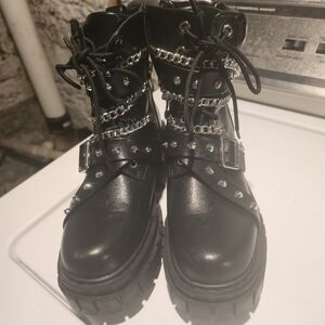 Azalea Wang Black Combat Boots with Silver Accents